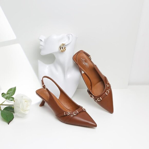 Kitten Heels for Women Pointed Toe Pumps Patent Leather Low  Mostrin Kitten Heel  Brown(03) Faux Leather Low Slingback Heel with Buckle